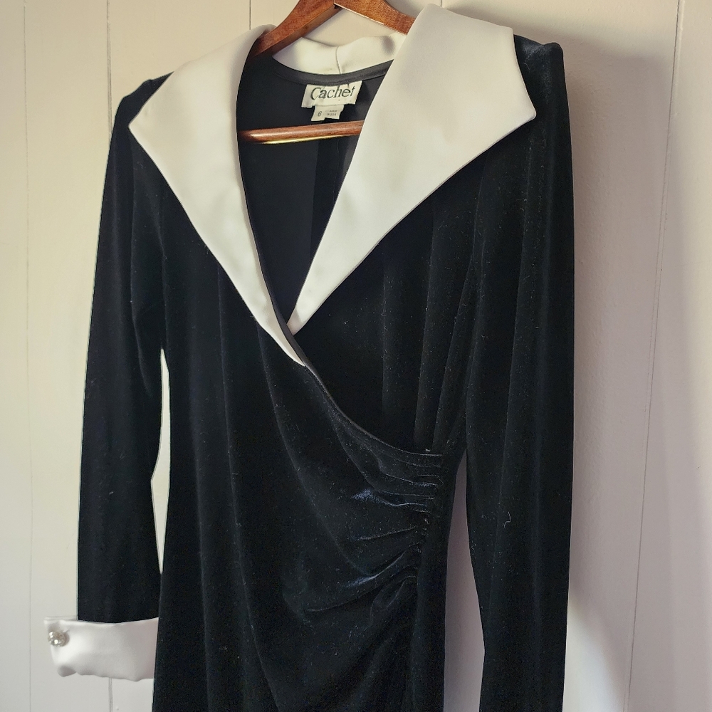 Vintage 90s Cachet Velvet Maxi Dress Black White Collar Cuffs Size 6 Small Retro